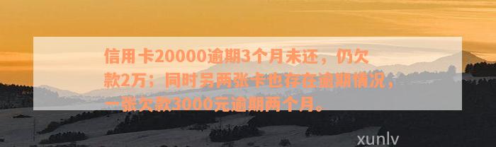 信用卡20000逾期3个月未还，仍欠款2万；同时另两张卡也存在逾期情况，一张欠款3000元逾期两个月。