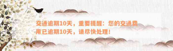 交通逾期10天，重要提醒：您的交通费用已逾期10天，请尽快处理！