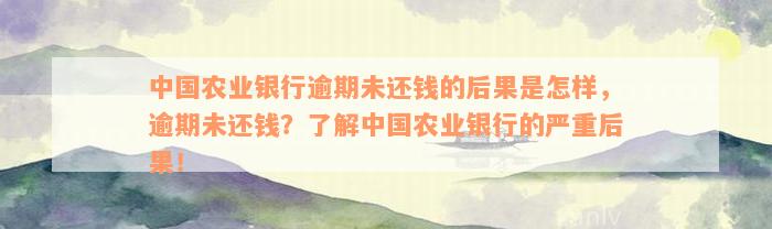 中国农业银行逾期未还钱的后果是怎样，逾期未还钱？了解中国农业银行的严重后果！