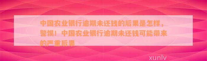 中国农业银行逾期未还钱的后果是怎样，警惕！中国农业银行逾期未还钱可能带来的严重后果