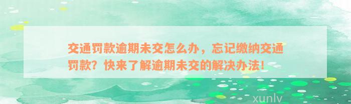 交通罚款逾期未交怎么办，忘记缴纳交通罚款？快来了解逾期未交的解决办法！