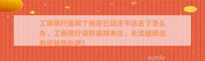 工商银行逾期了现在已经还不进去了怎么办，工商银行贷款逾期未还，无法继续还款应如何处理？