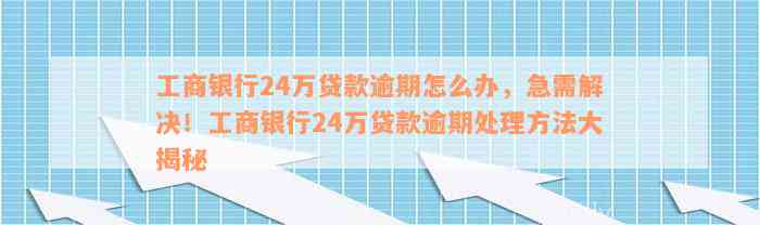 工商银行24万贷款逾期怎么办，急需解决！工商银行24万贷款逾期处理方法大揭秘