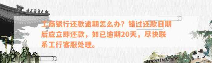 工商银行还款逾期怎么办？错过还款日期后应立即还款，如已逾期20天，尽快联系工行客服处理。