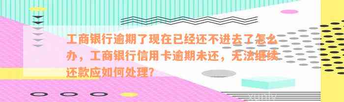 工商银行逾期了现在已经还不进去了怎么办，工商银行信用卡逾期未还，无法继续还款应如何处理？