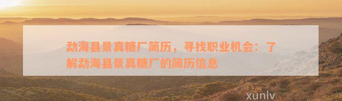 勐海县景真糖厂简历，寻找职业机会：了解勐海县景真糖厂的简历信息