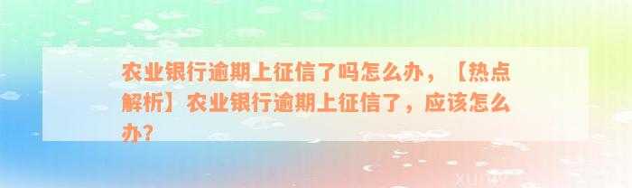 农业银行逾期上征信了吗怎么办，【热点解析】农业银行逾期上征信了，应该怎么办？