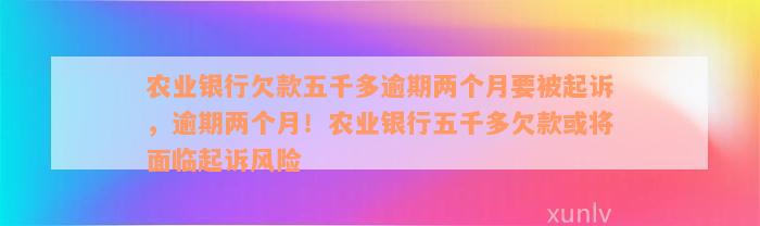 农业银行欠款五千多逾期两个月要被起诉，逾期两个月！农业银行五千多欠款或将面临起诉风险