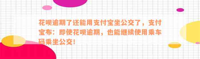 花呗逾期了还能用支付宝坐公交了，支付宝布：即使花呗逾期，也能继续使用乘车码乘坐公交！