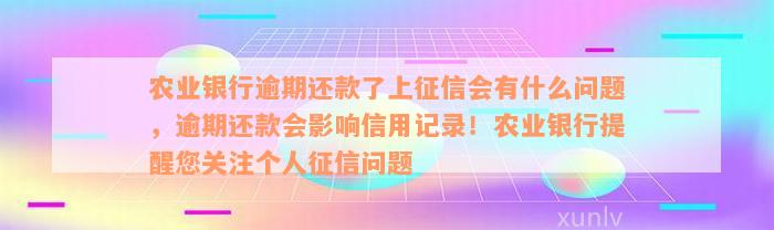 农业银行逾期还款了上征信会有什么问题，逾期还款会影响信用记录！农业银行提醒您关注个人征信问题