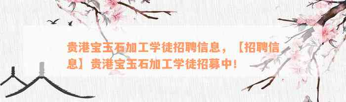 贵港宝玉石加工学徒招聘信息，【招聘信息】贵港宝玉石加工学徒招募中！