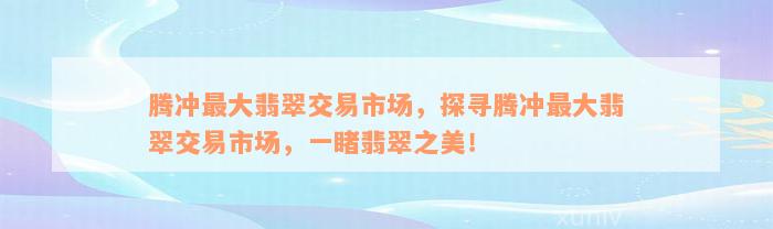 腾冲最大翡翠交易市场，探寻腾冲最大翡翠交易市场，一睹翡翠之美！