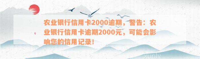 农业银行信用卡2000逾期，警告：农业银行信用卡逾期2000元，可能会影响您的信用记录！