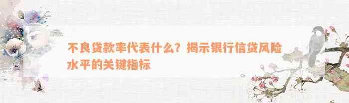 不良贷款率代表什么？揭示银行信贷风险水平的关键指标