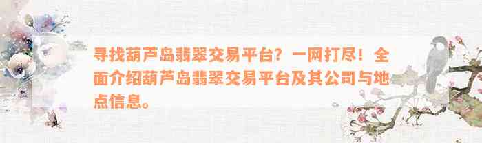 寻找葫芦岛翡翠交易平台？一网打尽！全面介绍葫芦岛翡翠交易平台及其公司与地点信息。